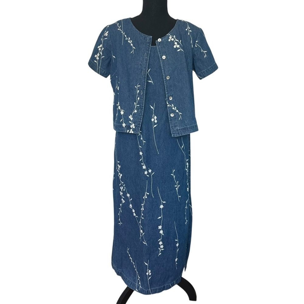 Vintage Denim Matching Set Floral Jean Dress Top Fairy Casual 90s Size 6 Small
